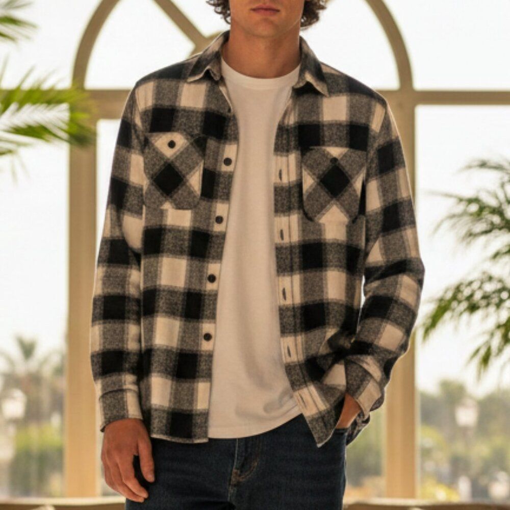 Brooklyn Cloth Sherpa Lined Plaid Shacket Large Black & Tan Men’s Flannel Jacket